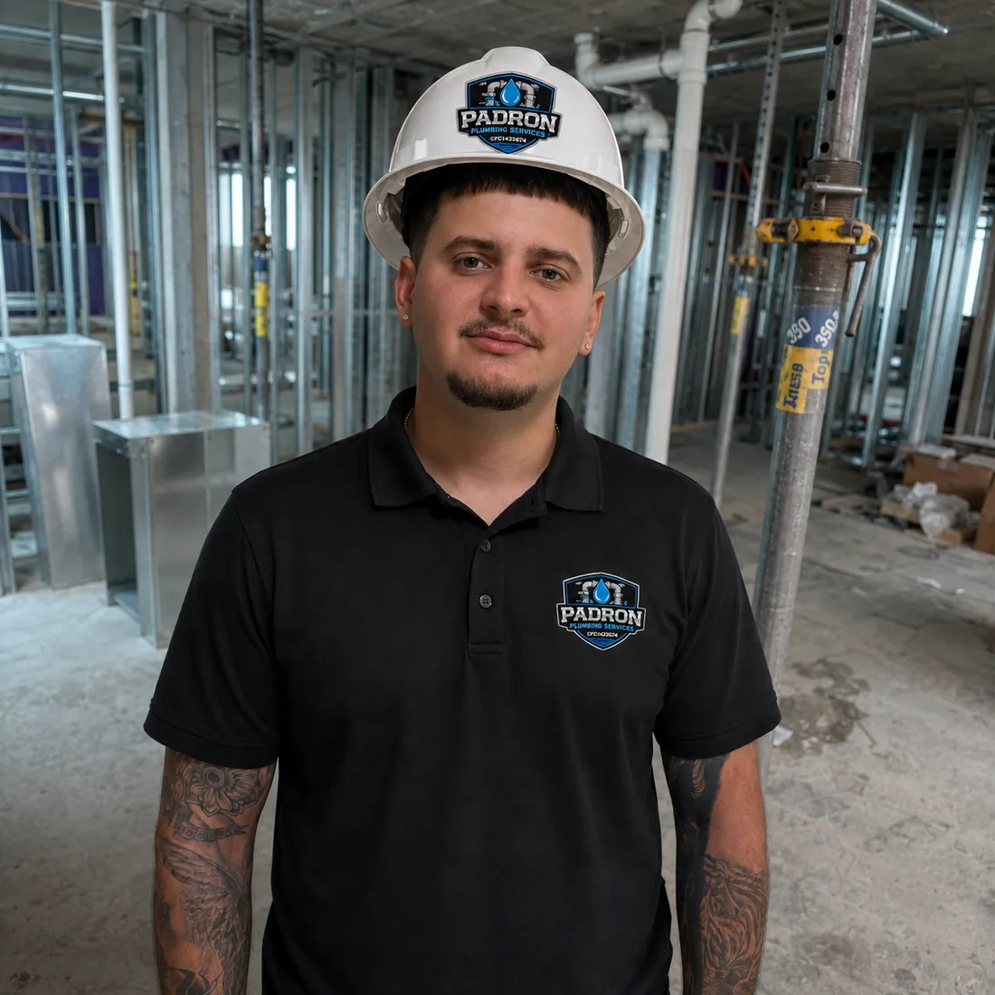 PC Bryan Herrera, Florida state certified plumbing contractor, on a commercial construction site in a Padron Plumbing Services hard hat and polo